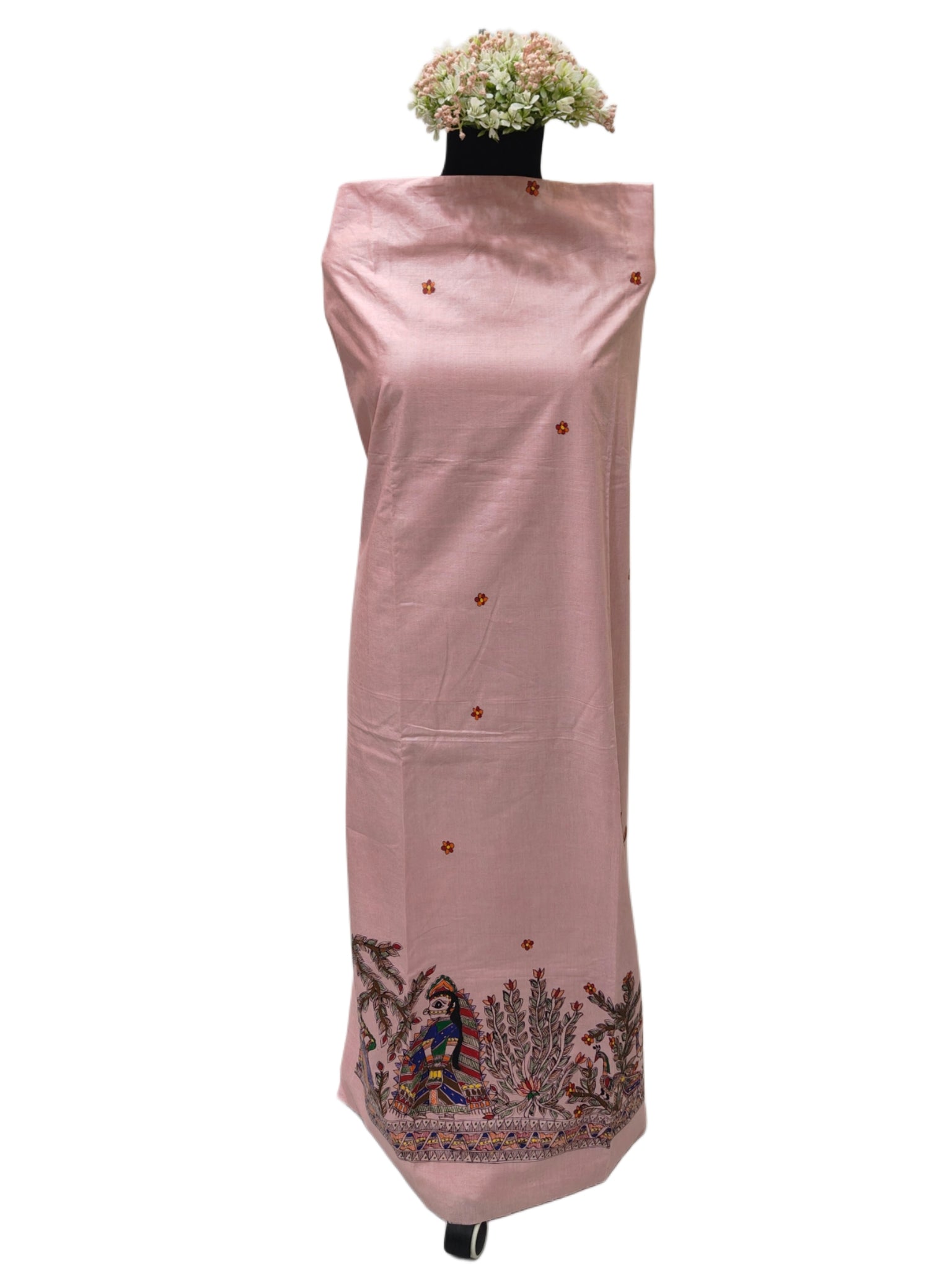 Hand-painted Madhubani Radha Krishna Unstitched Suit Set on Cotton in Blush Pink